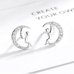 Rhinestone Half Moon Angel 925 Sterling Silver Stud Earrings