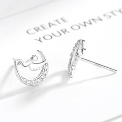 Rhinestone Half Moon Angel 925 Sterling Silver Stud Earrings