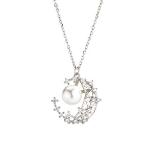 Rhinestone Half Moon Pearl Pendant S925 Sterling Silver Necklace