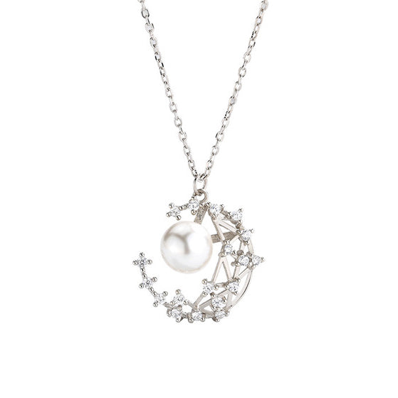 Rhinestone Half Moon Pearl Pendant S925 Sterling Silver Necklace