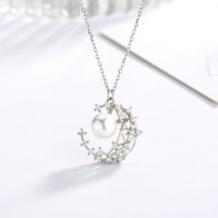 Rhinestone Half Moon Pearl Pendant S925 Sterling Silver Necklace