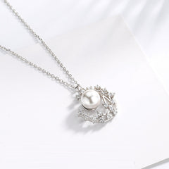 Rhinestone Half Moon Pearl Pendant S925 Sterling Silver Necklace
