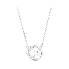 Rhinestone Half Moon Star Pendant S925 Sterling Silver Necklace