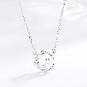 Rhinestone Half Moon Star Pendant S925 Sterling Silver Necklace