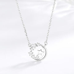 Rhinestone Half Moon Star Pendant S925 Sterling Silver Necklace