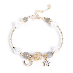 Rhinestone Moon Star Gray Moonstone Crystal Stone Bangle Bracelet