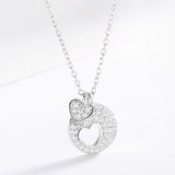 Rhinestone Round Plate Heart Pendant S925 Sterling Silver Necklace