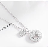 Rhinestone Round Plate Heart Pendant S925 Sterling Silver Necklace