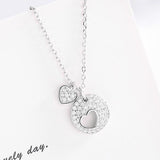 Rhinestone Round Plate Heart Pendant S925 Sterling Silver Necklace