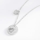 Rhinestone Round Plate Heart Pendant S925 Sterling Silver Necklace