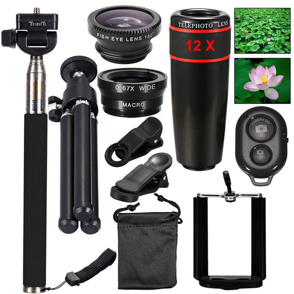 10 in 1 Camera Lens Kit 12x Telescope Lens Selfie Stick Macro Lens for Cellphone