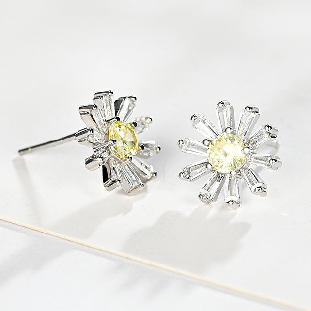 Sparkling Cubic Zirconia Daisy Sunflower S925 Silver Stud Earrings