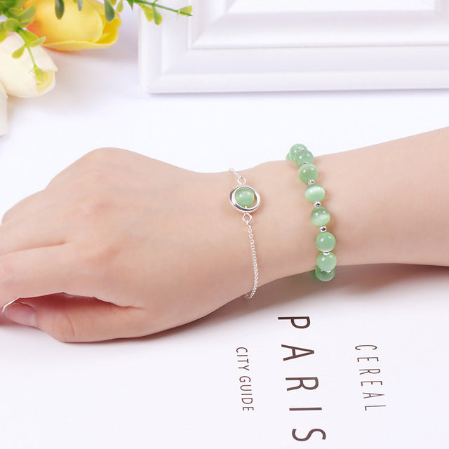 2pcs Set Stylish Light Green Jade Opal Agate Stone Good Lucky Bracelet