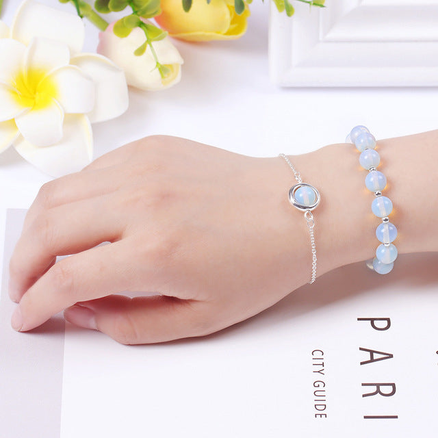 2pcs Set Stylish Cream Color Crystal Opal Agate Stone Good Lucky Bracelet