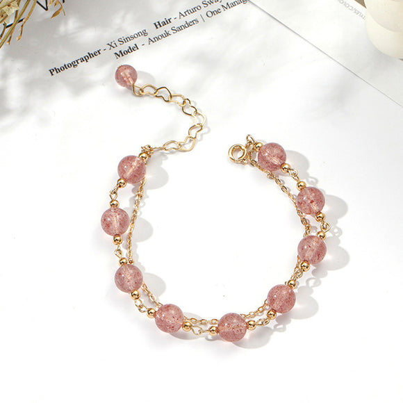 Stylish Double Layered Strawberry Crystal Stone Gold Plated Chain Bracelet