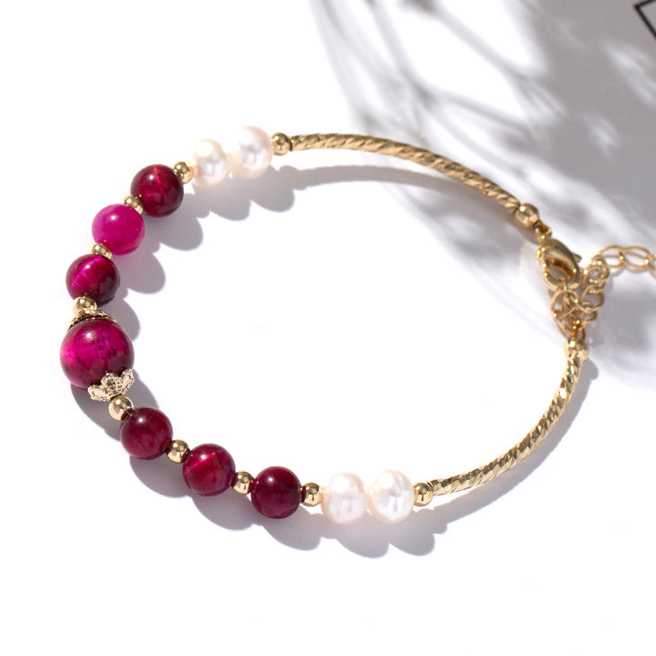 Stylish Red Tiger Eye Stone Pearl Good Lucky Bracelet