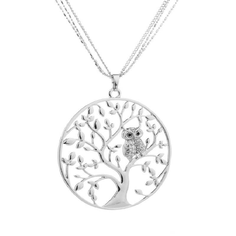 Stylish Retro Tree of Life Owl Bird Statement Pendant Necklace