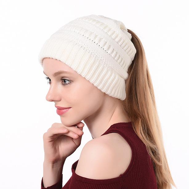 Winter Ponytail Plain Knitted Beanie Hat Warm Caps