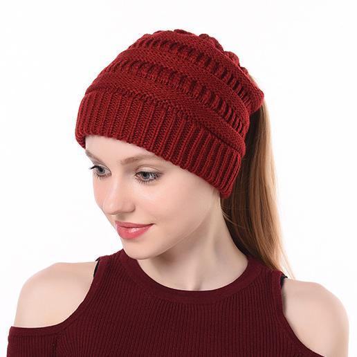 Winter Ponytail Plain Knitted Beanie Hat Warm Caps