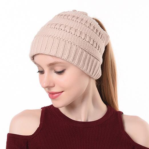 Winter Ponytail Plain Knitted Beanie Hat Warm Caps