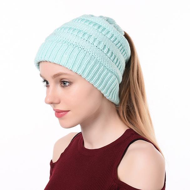 Winter Ponytail Plain Knitted Beanie Hat Warm Caps