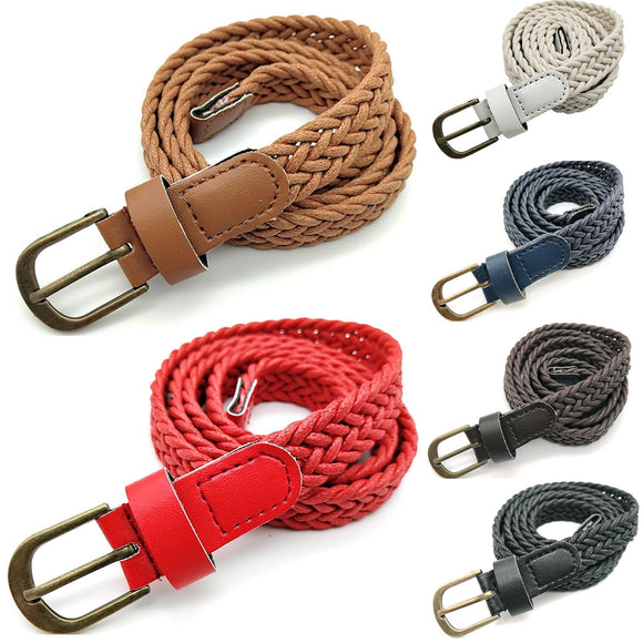 Women Hand Knit Belt Vintage Pin Buckle Leather Braid Thin Belts