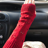 Women Girl Arm Crochet Knitting Hollow Heart Mitten Warm Fingerless Hand Gloves