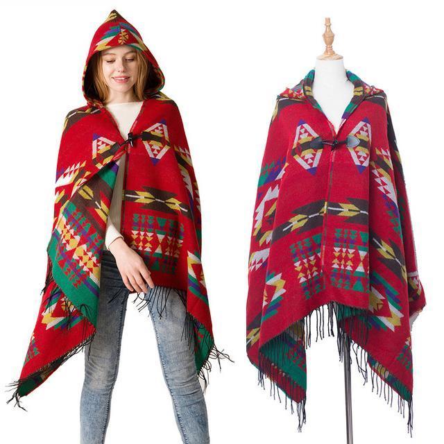 Women's Bohemian Casual Winter Hooded Shawl Plaid Capes Blanket